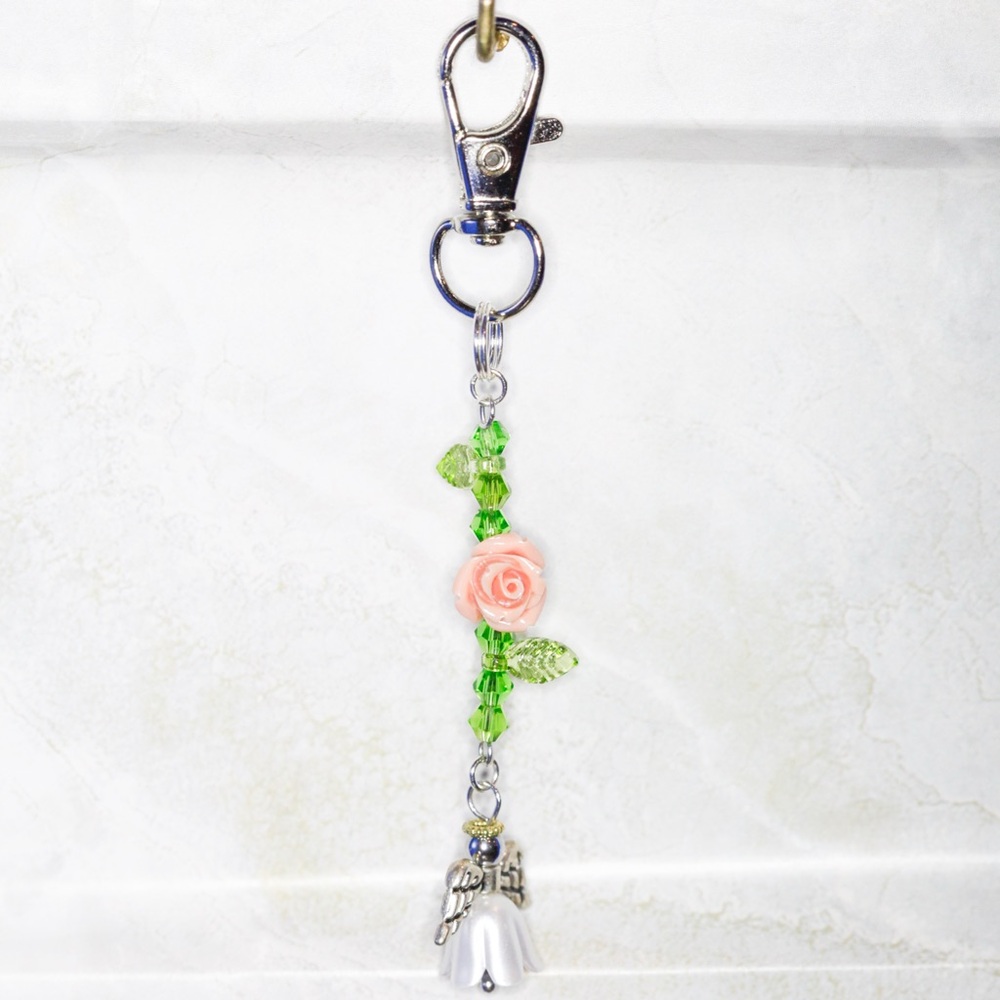 One of a Kind Handmade Peach Rose and Angel Keychain Bag Charm